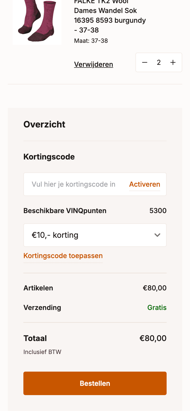 Winkelwagen met VINQpunten inwisselen op mobiel