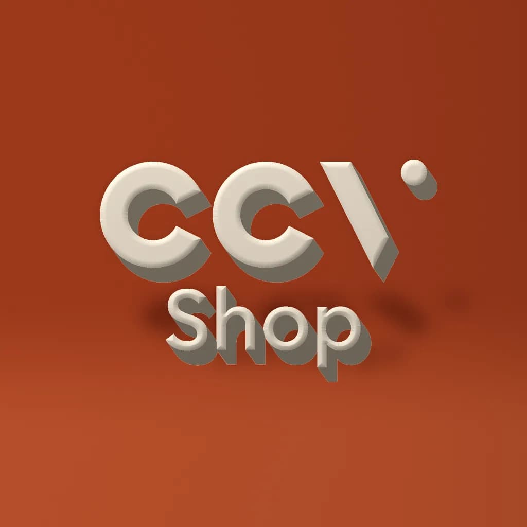 The CCV Shop logo as a cream 3D object on a deep orange surface