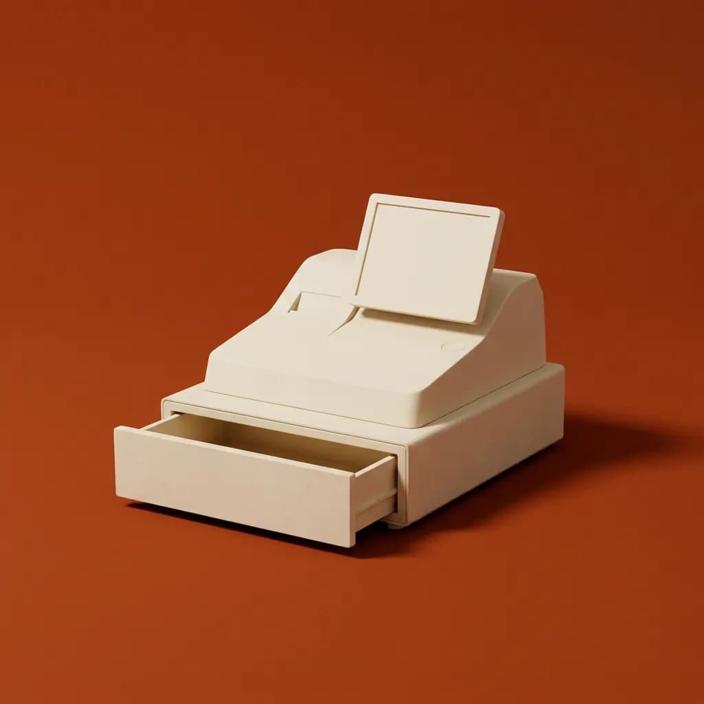 Crème 3D-kassa met een openstaande geldlade op een dieporanje vlak