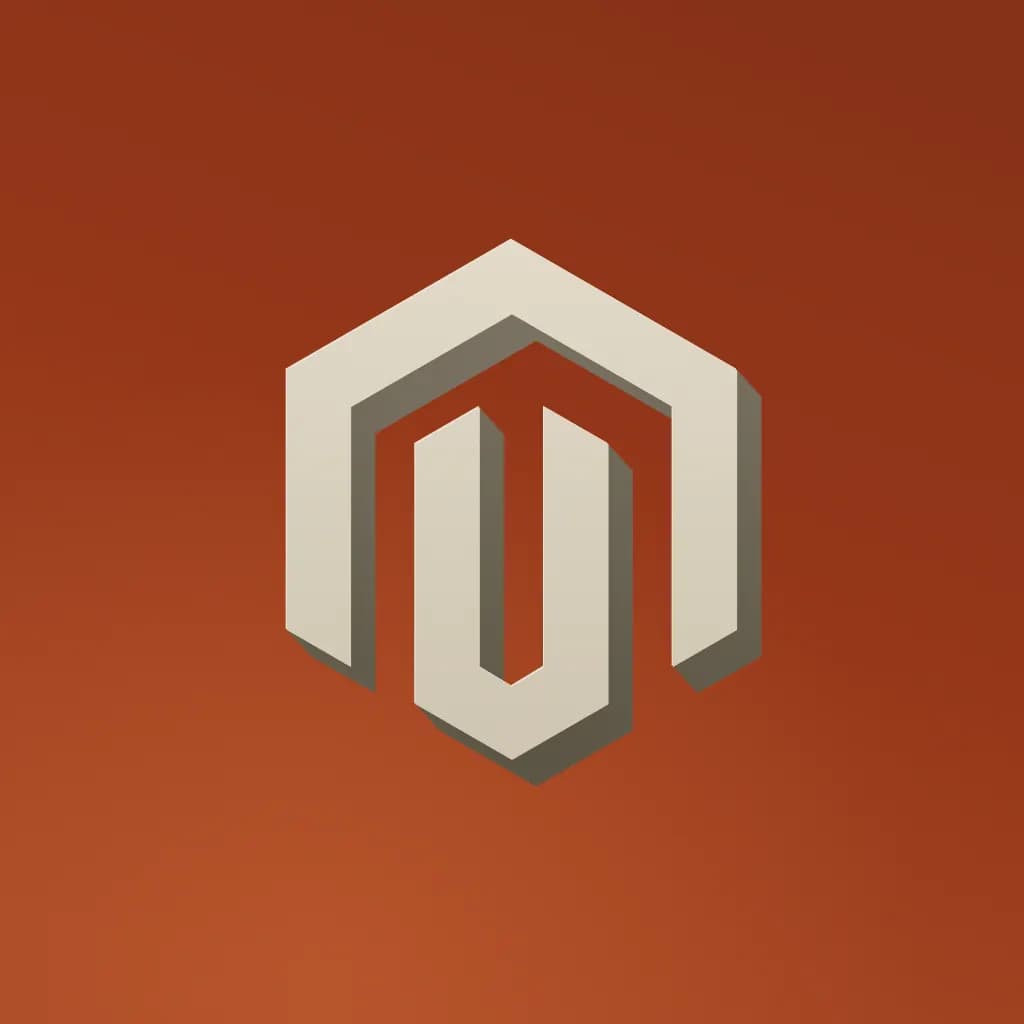 The Magento logo as a cream 3D object on a deep orange surface: the monogram with the letter M in a hexagon