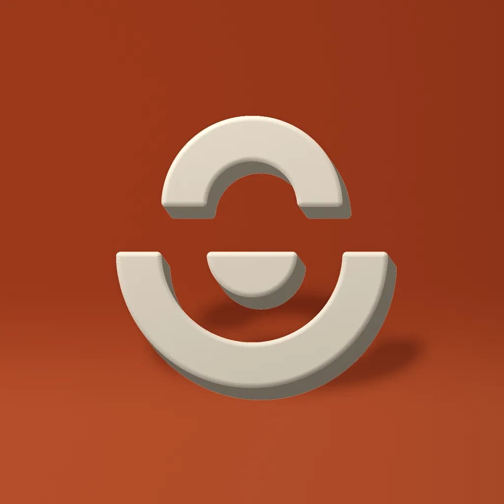 The circular mark from the Mijnwebwinkel logo as a cream 3D object on a deep orange surface