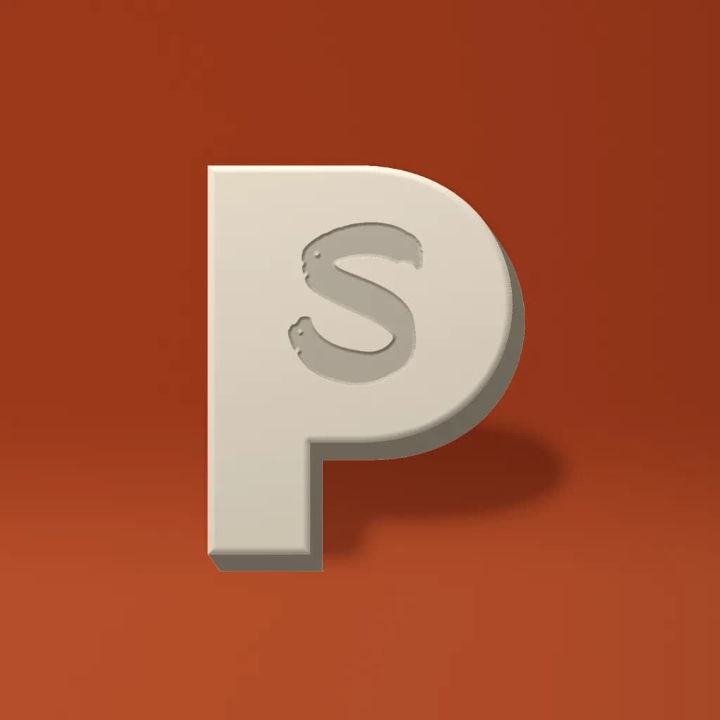 Het PrestaShop-monogram als crème 3D-object op een dieporanje vlak, met de S in het oppervlak gegraveerd