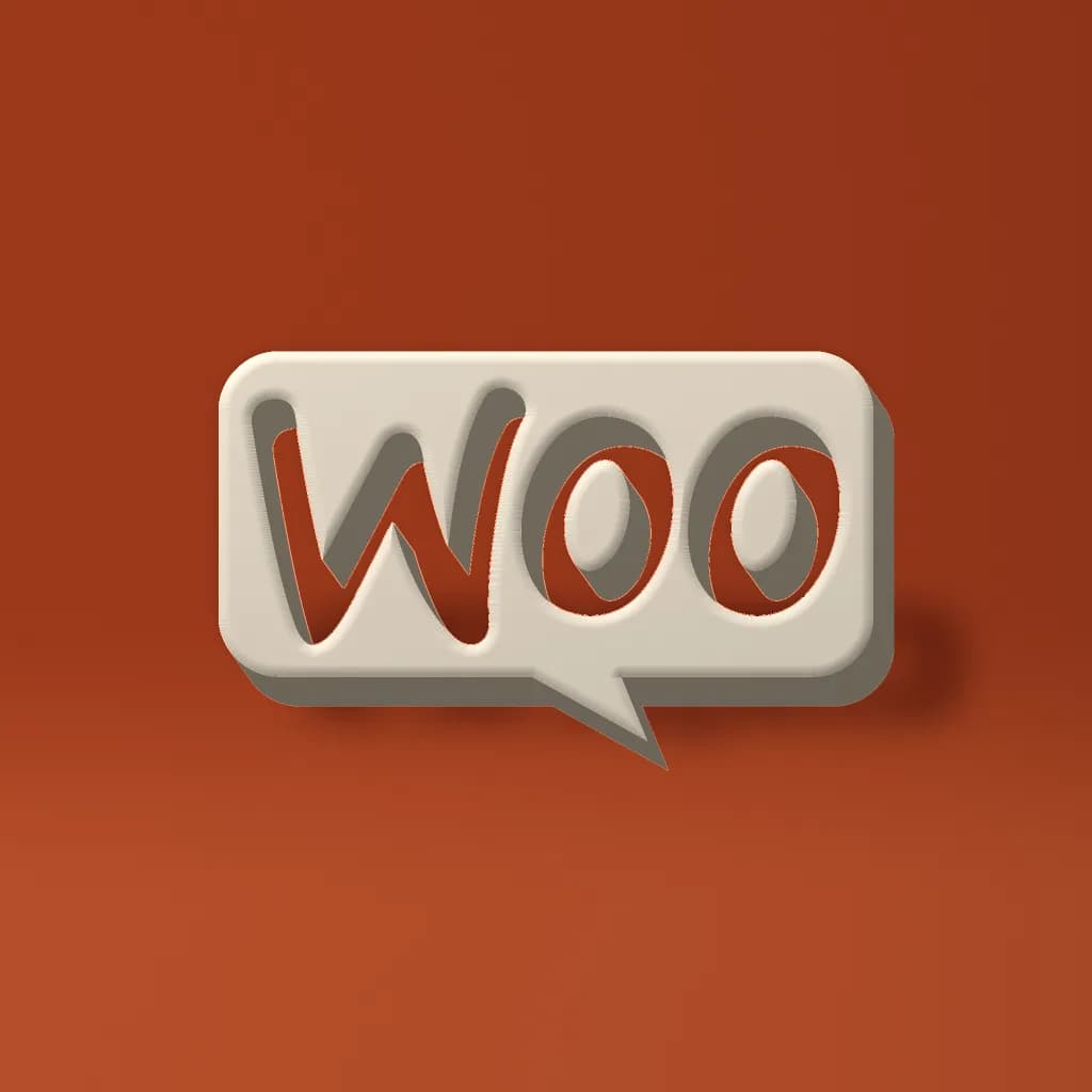Het WooCommerce-logo als crème 3D-object op een dieporanje vlak: een tekstballon met de letters Woo uitgespaard