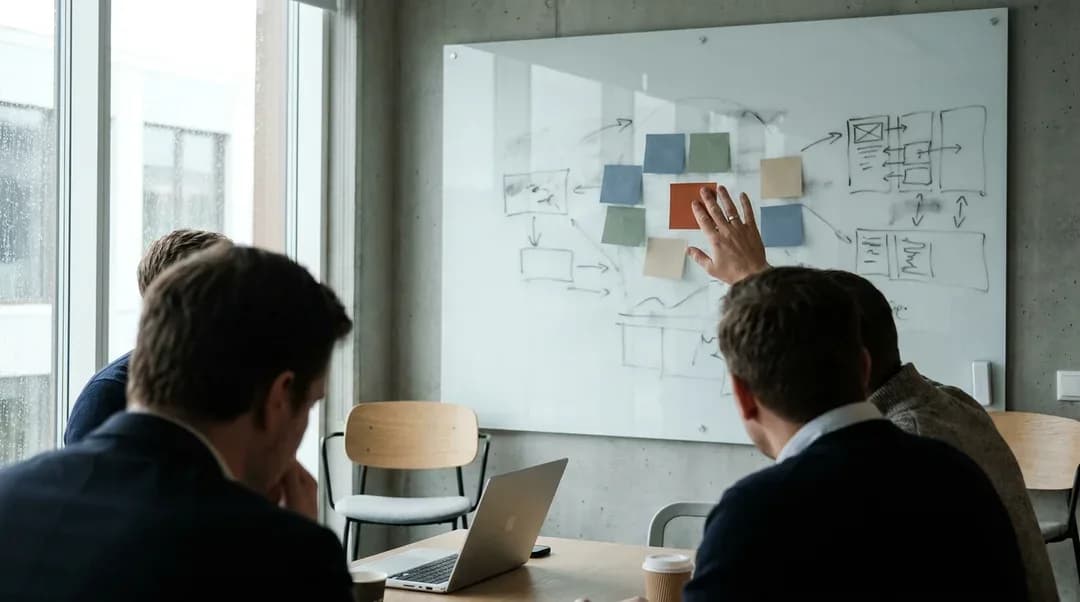 Drie collega's bespreken een glazen whiteboard vol schetsen, pijlen en gekleurde post-its