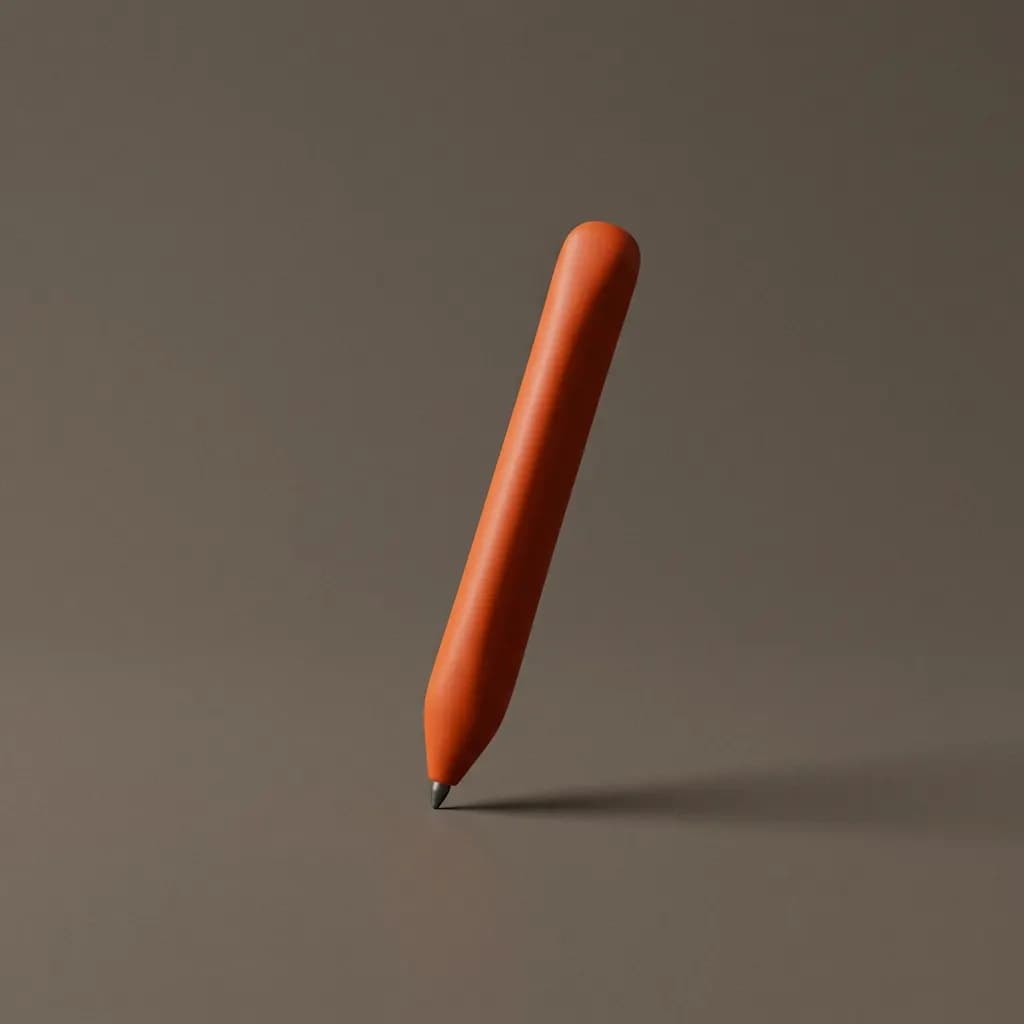 Mat oranje 3D-potlood staat licht gekanteld op zijn punt op een warmgrijze achtergrond