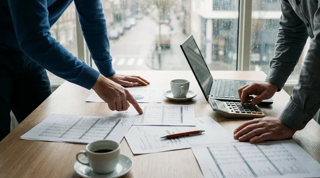 Twee mensen staan aan een vergadertafel gebogen over cijferoverzichten, met een laptop en rekenmachine ernaast