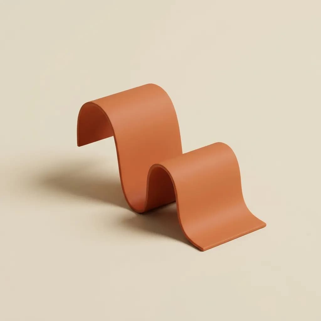 Matte oranje papierstrook krult in golven omhoog op een vlakke crème achtergrond met een zachte schaduw