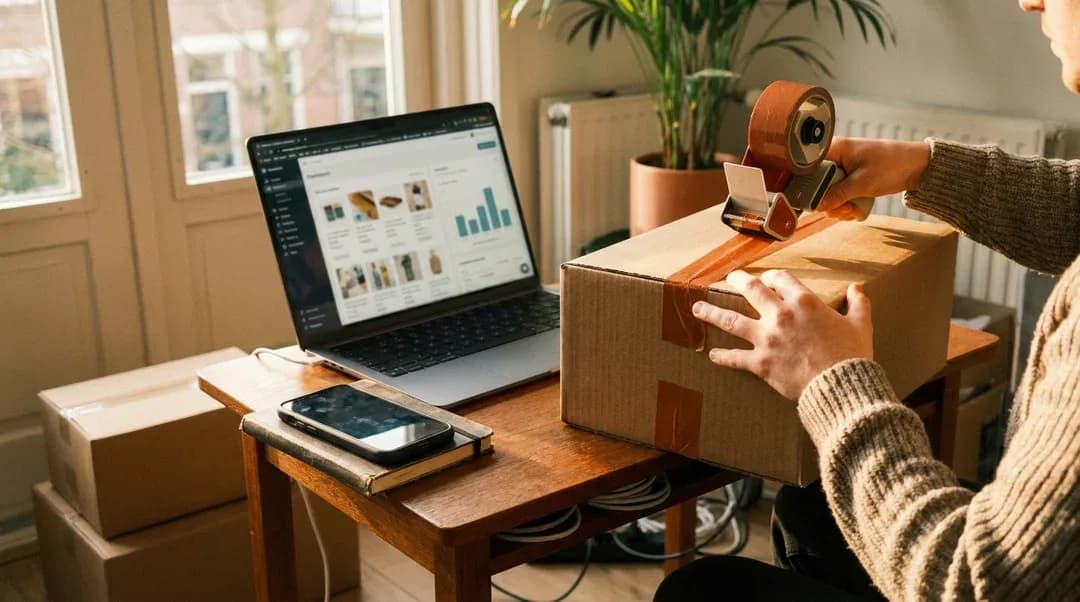 Iemand tapet aan de keukentafel een pakket dicht, met daarnaast een laptop met een webshop-dashboard