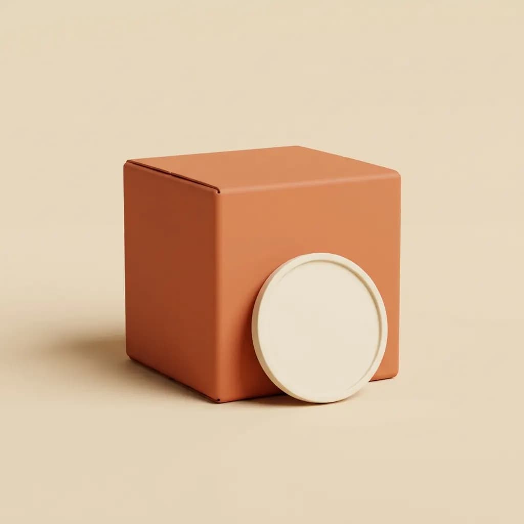 Mat oranje pakketje met een crème munt ertegenaan geleund op een crème achtergrond