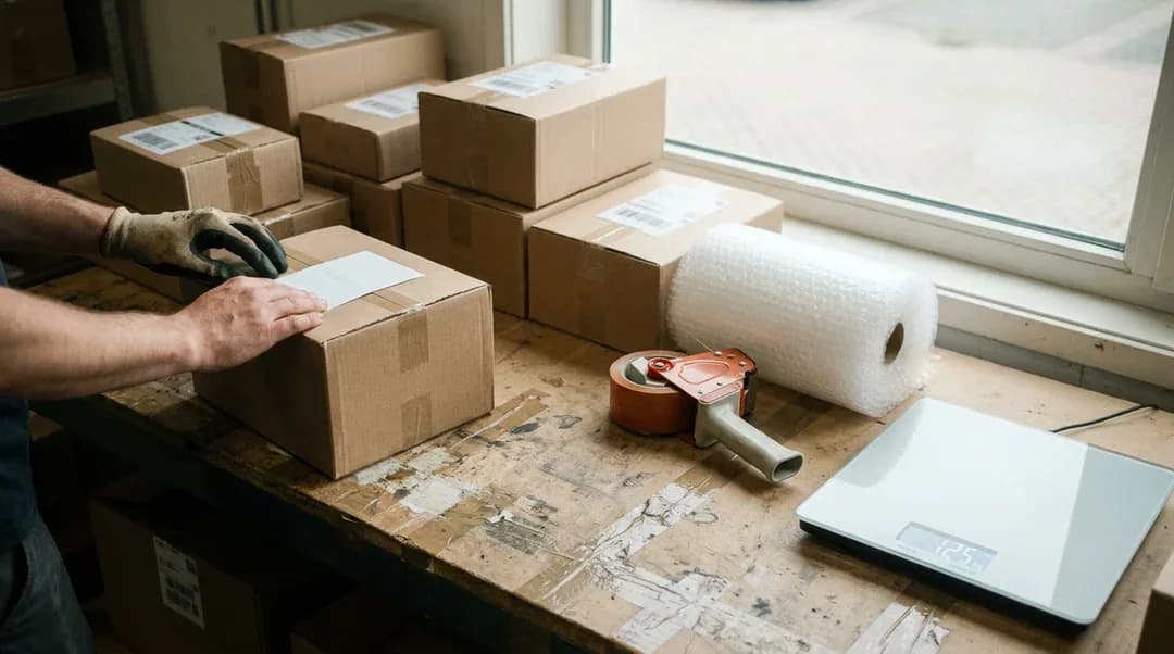 Handen plakken een verzendlabel op een doos aan een inpaktafel met dozen, tape, bubbeltjesfolie en een weegschaal