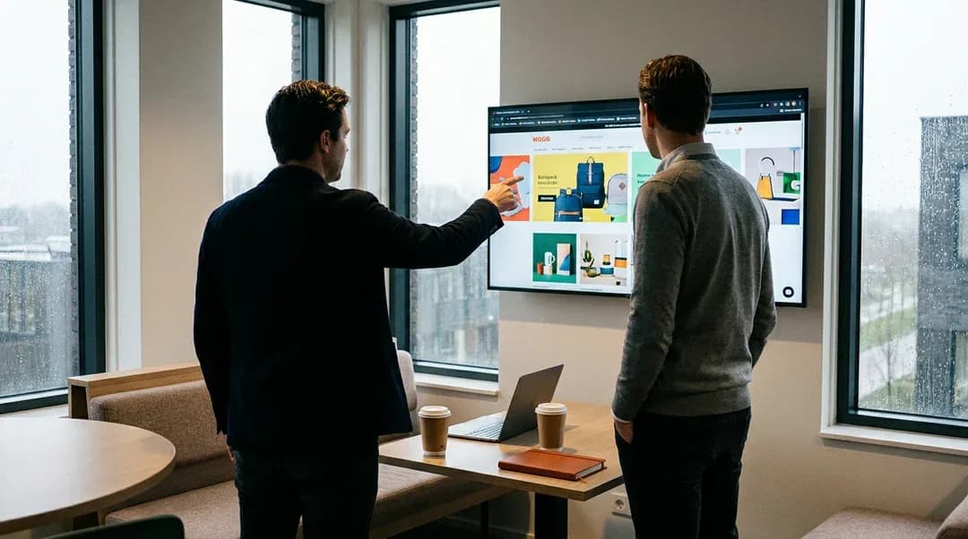Twee collega's bekijken staand een webshop-homepage op een groot wandscherm in een vergaderhoek, een van hen wijst naar het scherm