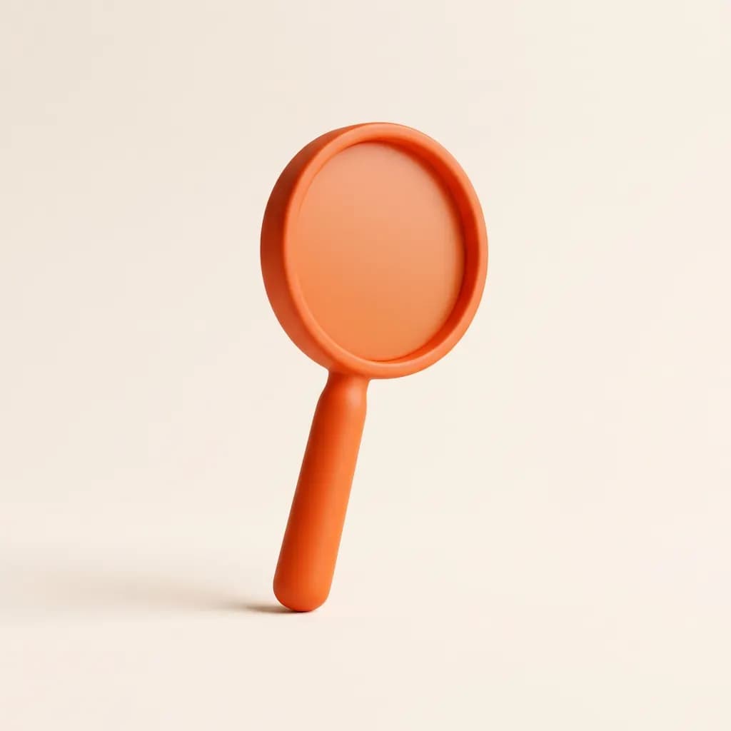 Mat oranje 3D-vergrootglas staat rechtop op een vlakke crème achtergrond met een zachte schaduw