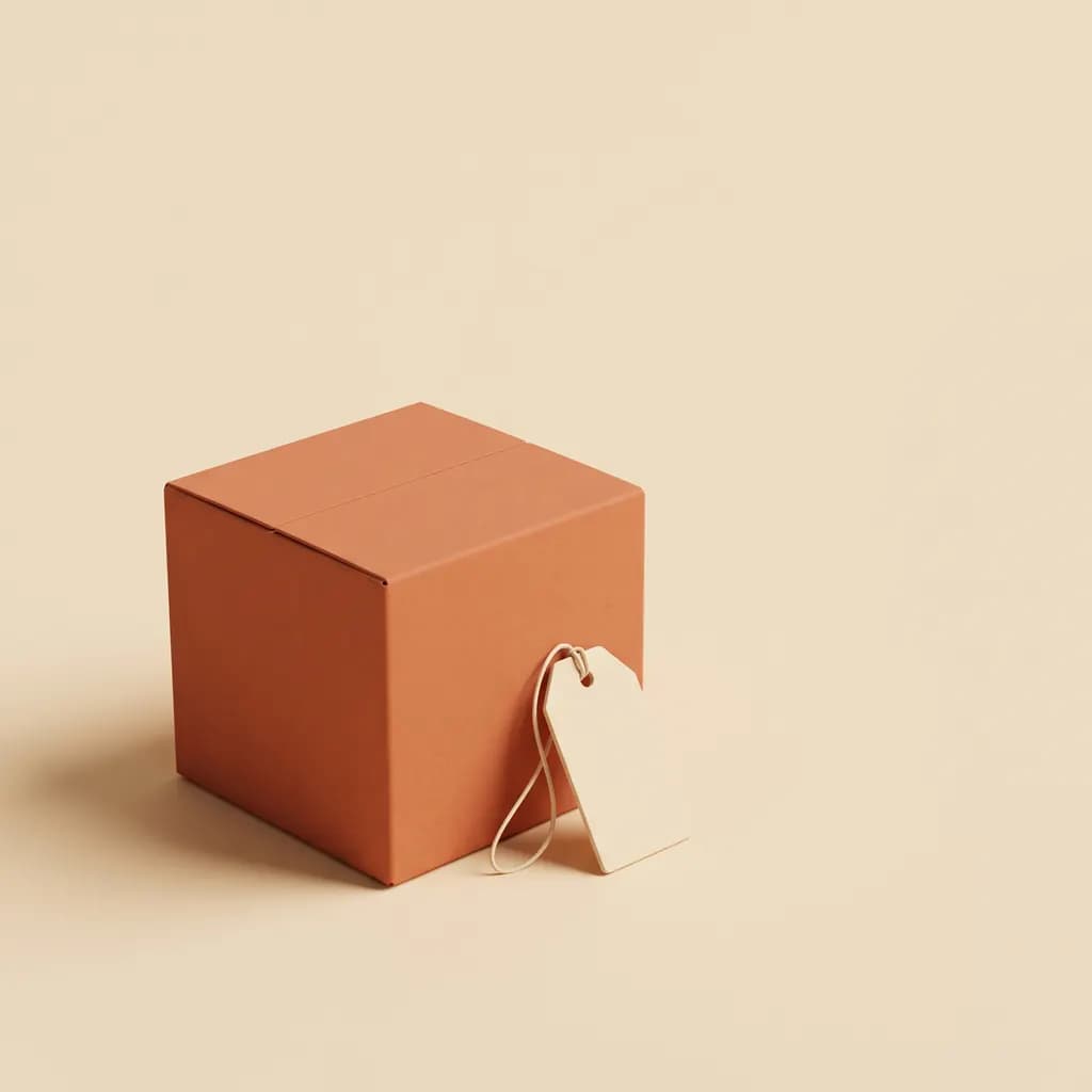 Mat oranje pakket met een crème blanco prijskaartje ertegenaan op een vlakke crème achtergrond