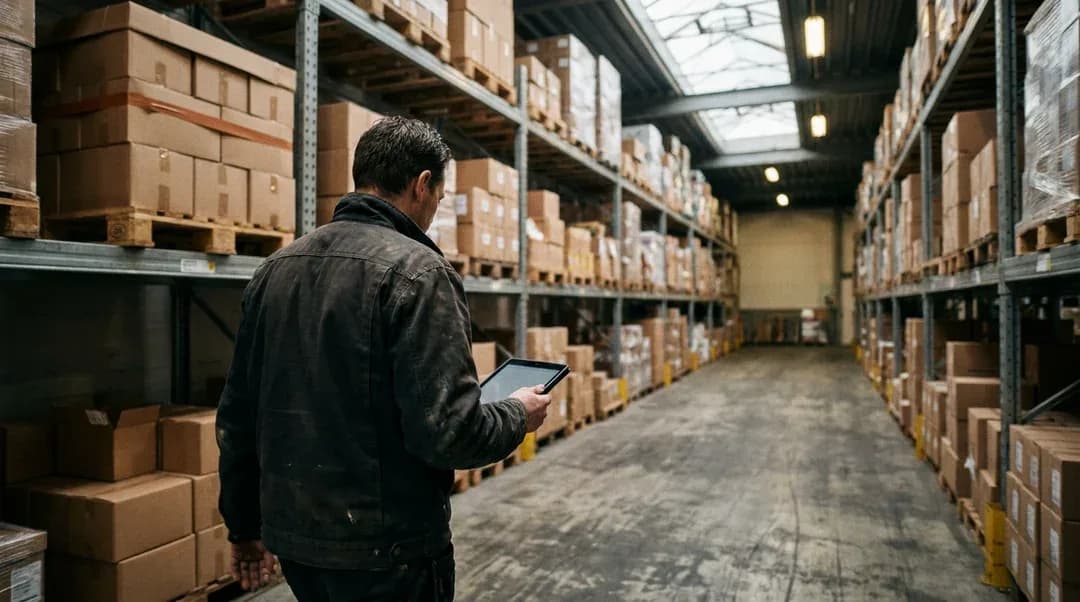 Magazijnmedewerker loopt met een tablet in de hand tussen hoge stellingen vol dozen in een groothandelsmagazijn