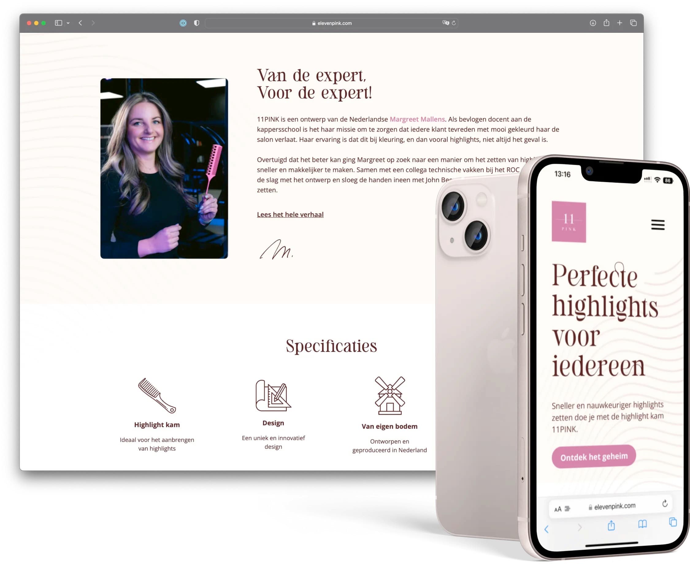The 11PINK one-pager on desktop and smartphone
