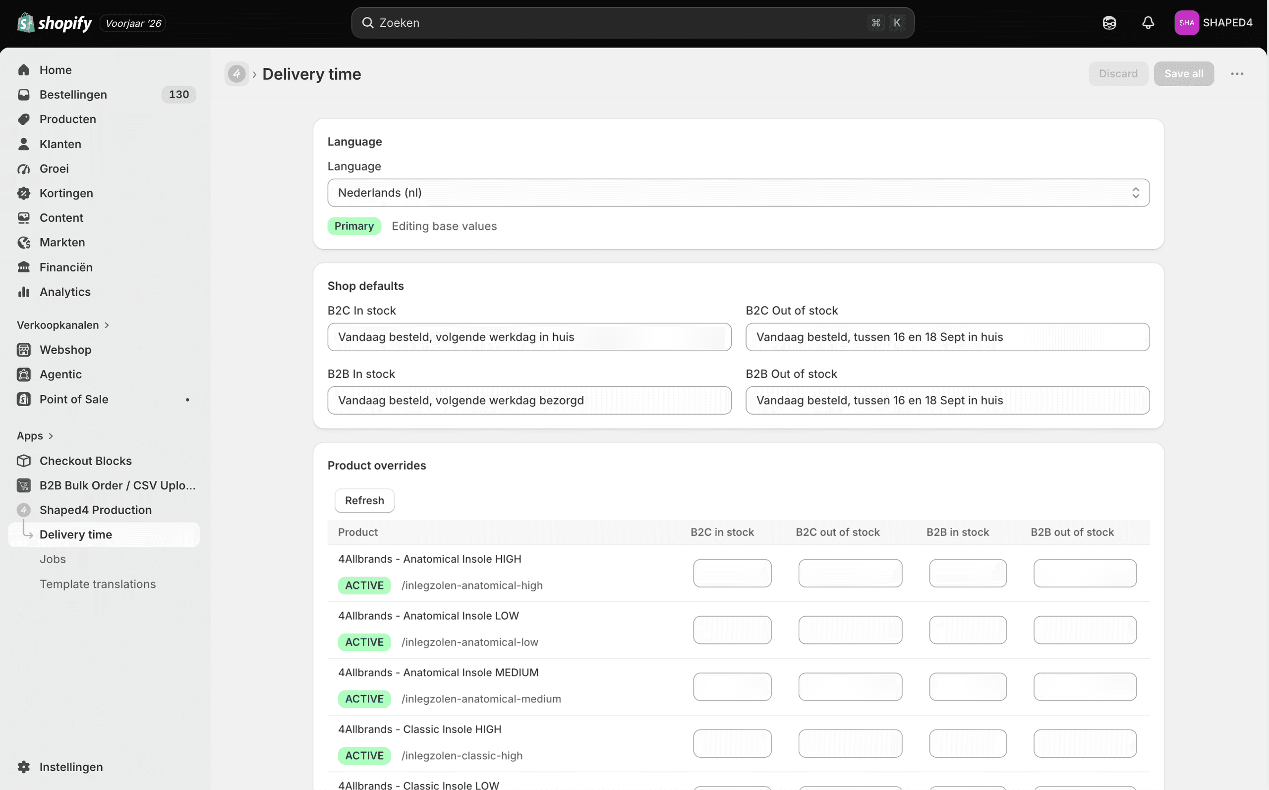 Het beheerscherm Delivery time in de Shopify admin, met de standaardteksten per doelgroep en de tabel met uitzonderingen per product