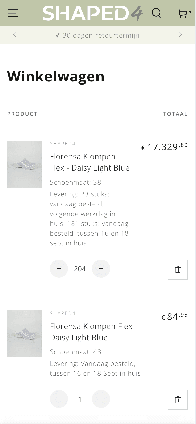 Dezelfde winkelwagen op mobiel, met de gesplitste levertijd per regel