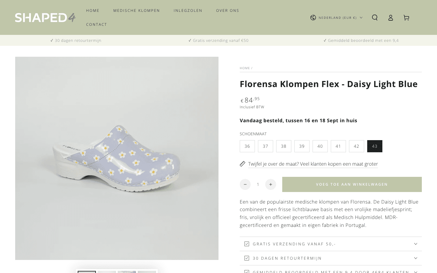 Productpagina van een Florensa klomp met de levertijd boven de maatkeuze
