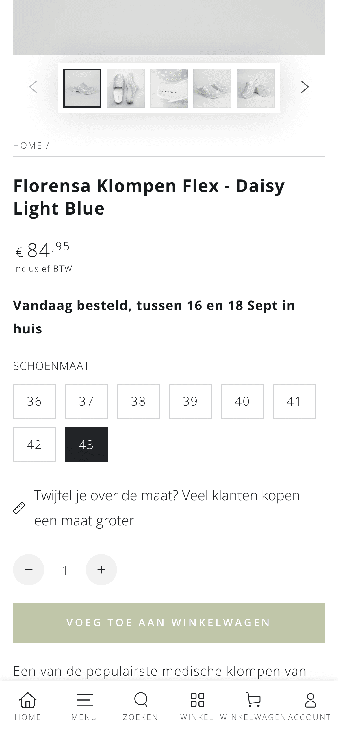Dezelfde productpagina op mobiel, met de levertijd bij de gekozen schoenmaat