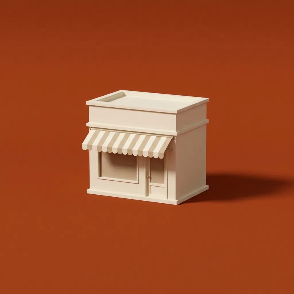 Crème 3D-winkelpui met luifel en een enkele etalage op een dieporanje vlak